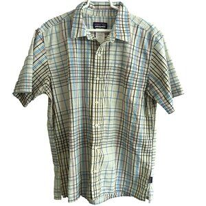 Patagonia Men's L Button Shirt Blue White Brown  Plaid Short Sleeve  Pocket lp